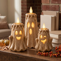 Stone-Look Ghost Flameless Candles Spooky Ghost Candle Halloween Candle with LED Flame Battery-Operated for Mantel, Tabletop