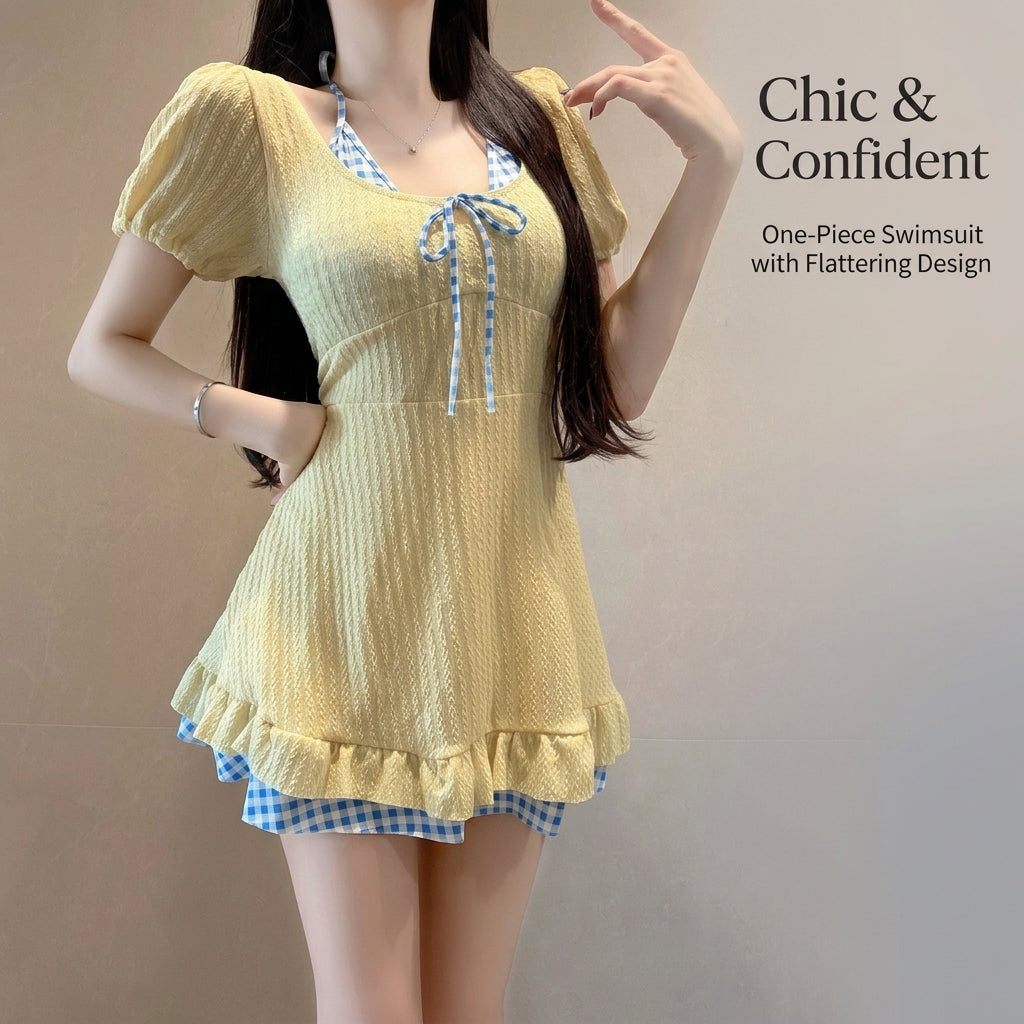 One-piece swimsuit for plus size women with a modest skirted design, short sleeve padded one piece for