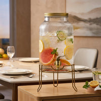 Glass Water Beverage Dispenser with Tap, European Style Round Shape Glass Dispenser, 5.5L or 8L Drink Dispenser for Iced Tea and Juice Serving