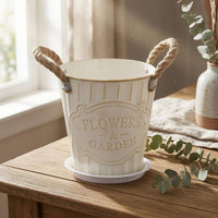 Embossed Plaque Iron Flower Pot Rope Handles Ribbed Planter Drainage Hole Container Planter Round for Home, Office