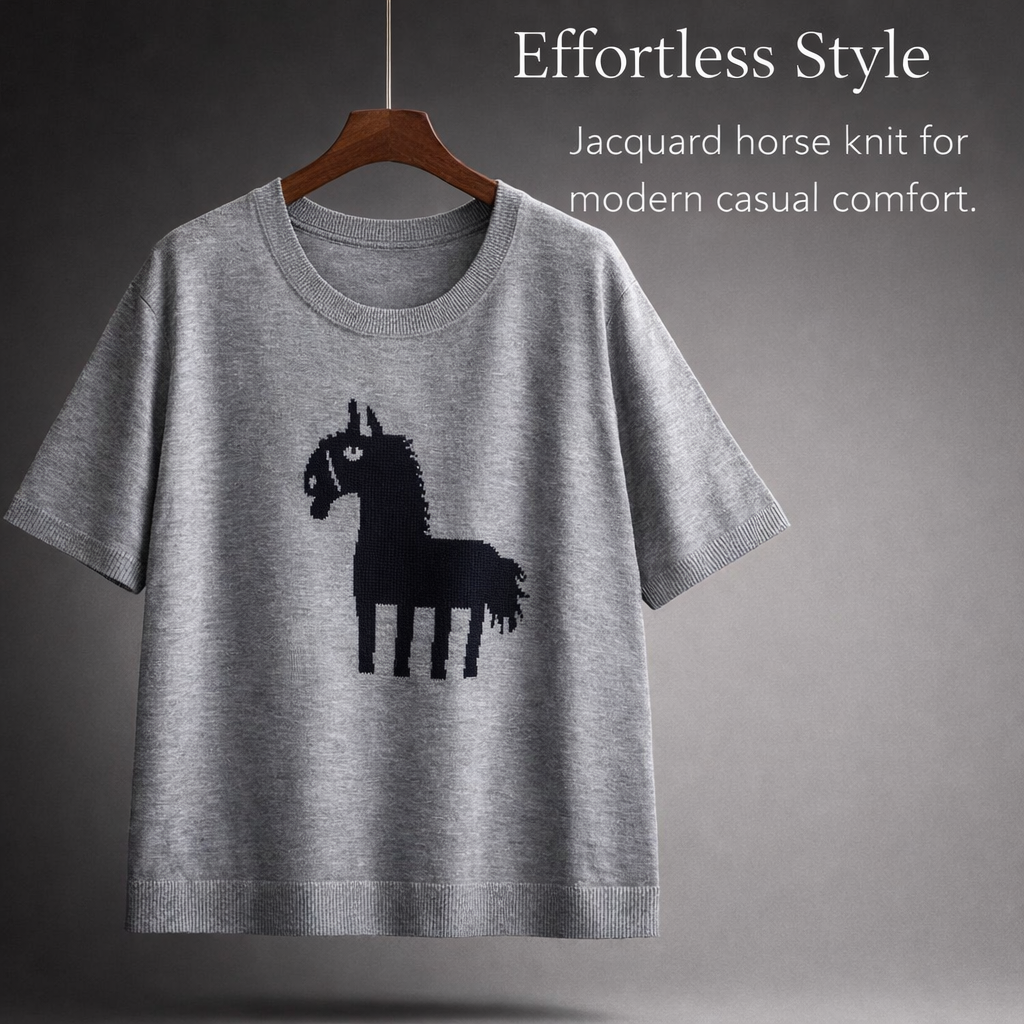 Women's Short Sleeve Jumpers with Jacquard Horse Pattern for Spring, Plus Size Knit Sweater in 45-Count Wool Blend Textile, Casual Ladies Tops UK