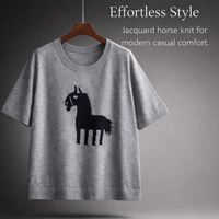 Women's Short Sleeve Jumpers with Jacquard Horse Pattern for Spring, Plus Size Knit Sweater in 45-Count Wool Blend Textile, Casual Ladies Tops UK