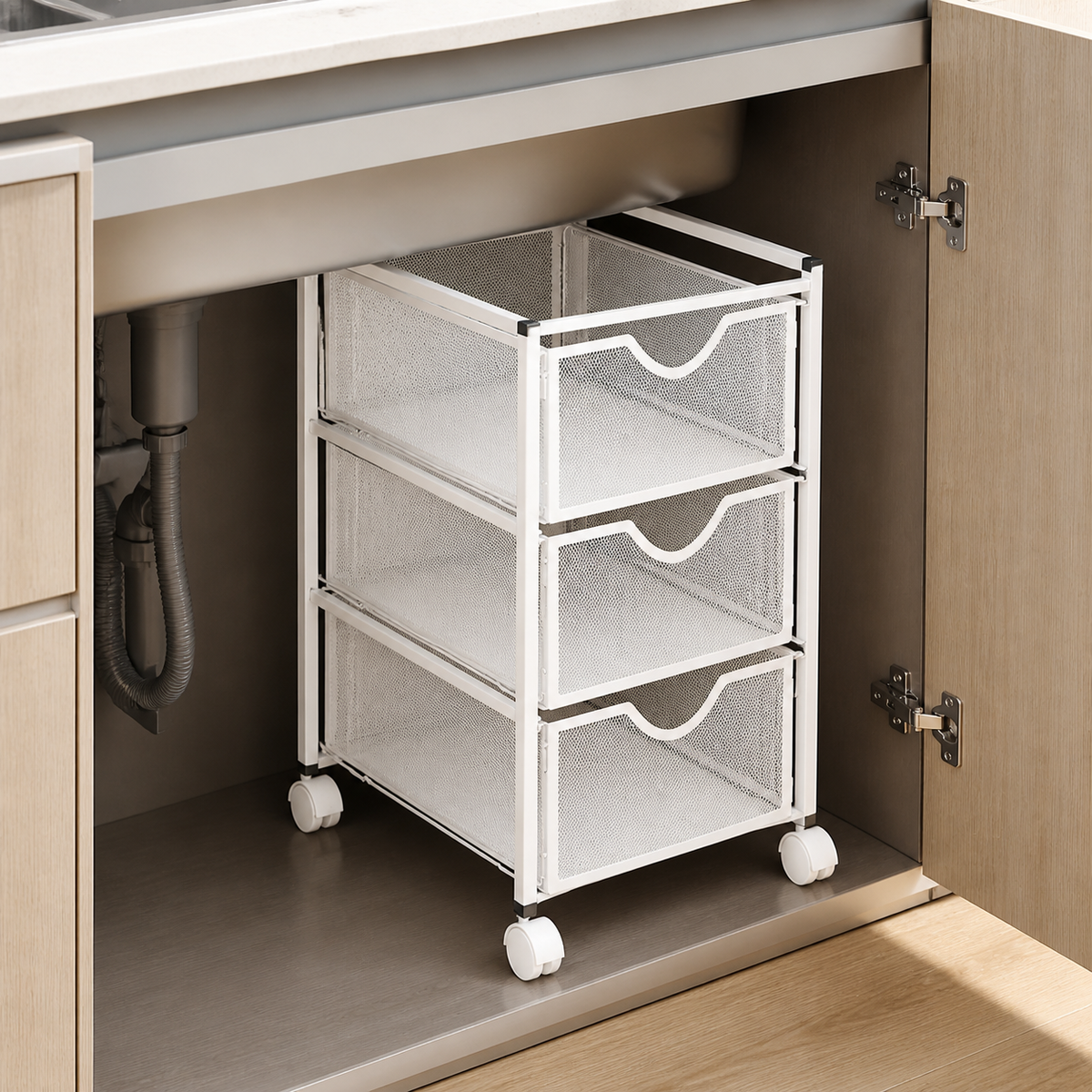 3 Tier Storage Trolley, White Carbon Steel Kitchen Storage Cart with Pull-Out Drawers, Freestanding Rolling Utility Tool Trolley