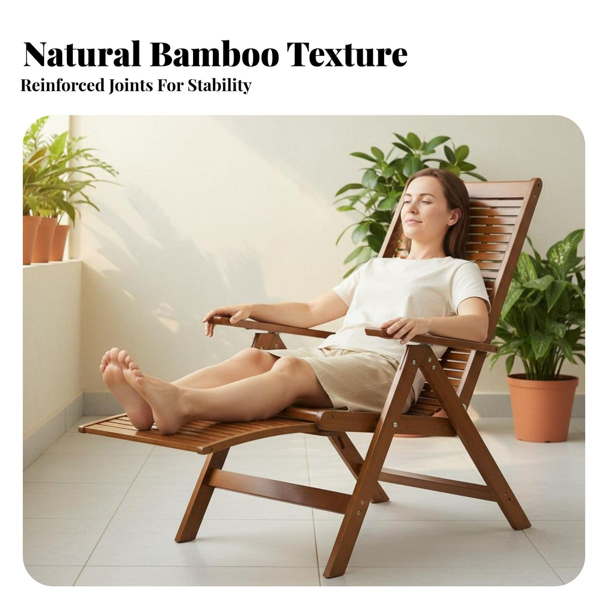Easy Storage Foldable Bamboo Lounge Chair Lightweight Folding Bamboo Deck Chair Installation-without Assembly Portable Patio Recliner Long-Lasting for Adults, Seniors, Homeowners, Balcony, Rest Ping, Living Room, Garden