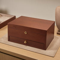 Rosewood Grain Wooden Jewelry Box Lock and Key Lockable Jewelry Box Gold-Tone Pulls Home Storage Hinged Lid