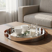 Leather Handled Tray Stainless Steel Mirrored Tray Shallow Rim Serving Platter for Tabletop Display