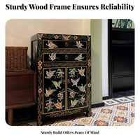 Antique Finish Tibetan Painted Chest Ornate ornamentation Bedside Cabinet bright hues End Table long-Enduringing Construction for Fans of Ethnic Decor, Interior Decorators, Apartment Dwellers, Bedroom, Living Room, Entryway, Hallway