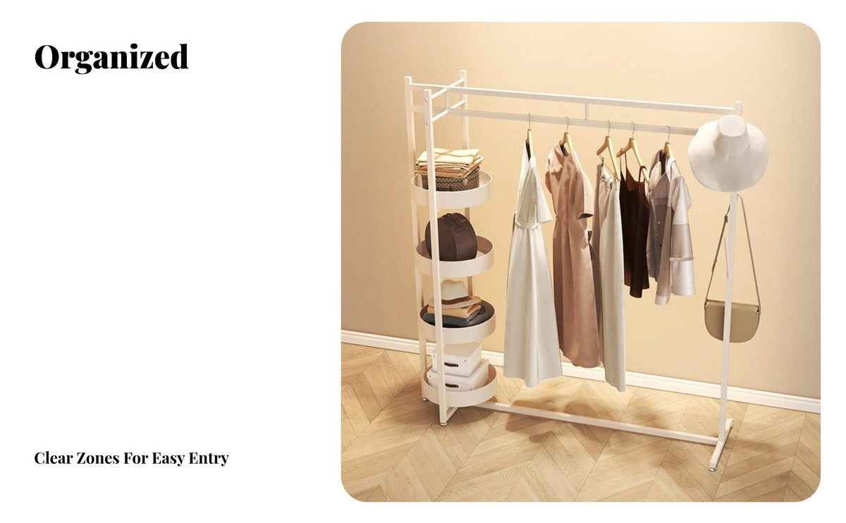 Minimalist Design Complimentarystanding Clothes Rack with Shelves Space-Saving Garment Rail with Shelves and Side Hooks Multi-Tier Shelving Hanging Stand Stable Structure for Students, Apartment Dwellers, Homeowners, Bedroom, Entryway, Walk-in Closet