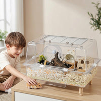 Large Hamster Cage for Syrian Hamster, Full Transparent Viewing PET Material, Single Level Habitat for Dwarf Hamster, Gerbil and Pet Mice Home