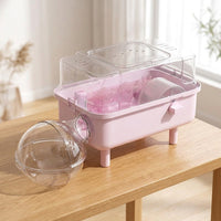 Portable Hamster Cage with Handle, 2-Level Square Shape Habitat, Transparent Small Cage for Outdoor Use and Travel, Portable Hamster Habitat