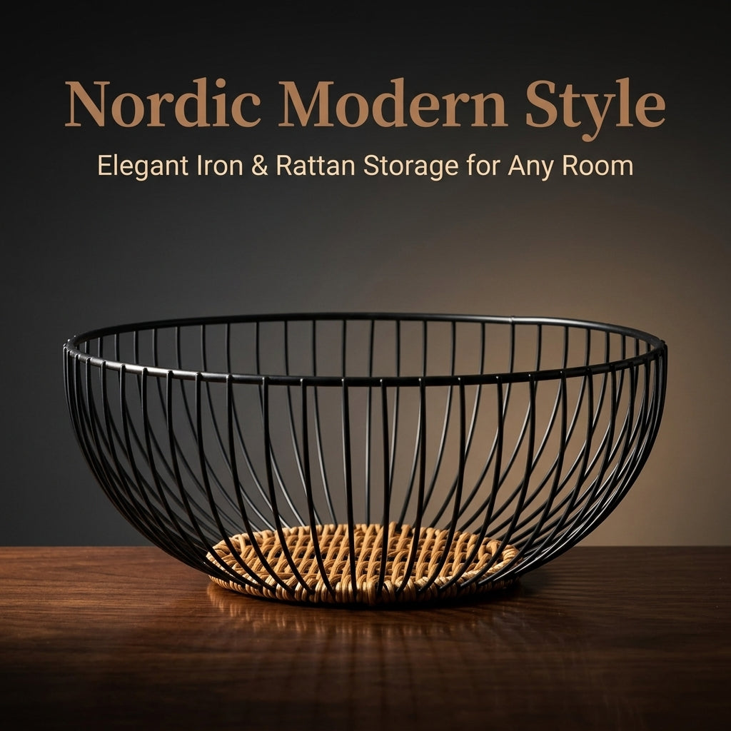 Fruit Bowl with Woven Design for Dining Table and Kitchen Storage, Metal Frame Basket for Vegetables and Snacks, Decorative Pantry