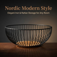 Fruit Bowl with Woven Design for Dining Table and Kitchen Storage, Metal Frame Basket for Vegetables and Snacks, Decorative Pantry