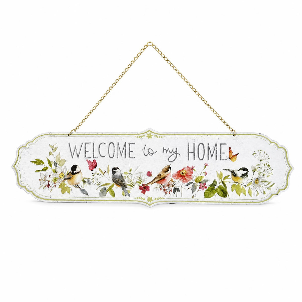 Floral and Bird Motif Metal Welcome Sign Scalloped Edges Hanging Welcome Plaque Gold-Tone Chain Hanging Wall Sign Pale Green Trim for Fence