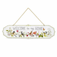 Floral and Bird Motif Metal Welcome Sign Scalloped Edges Hanging Welcome Plaque Gold-Tone Chain Hanging Wall Sign Pale Green Trim for Fence