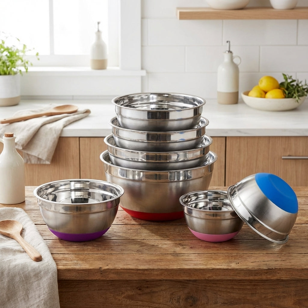 Mixing Bowl Set with Silicone Lids, Non Slip Metal Salad Bowl for Food Prep, Large Serving Bowl for Space Saving Storage and Food Storage Use