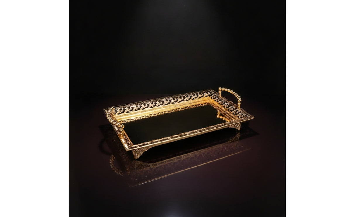 Mirrored Tray with Handles Ornate Mirrored Tray Openwork Shiny for Home Decorators, Coffee Table, Parties
