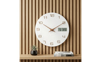 12 Inch Wall Clock with LCD Display 30 Cm Wall Clock with Temperature Display Linen-Textured Silent for Apartments