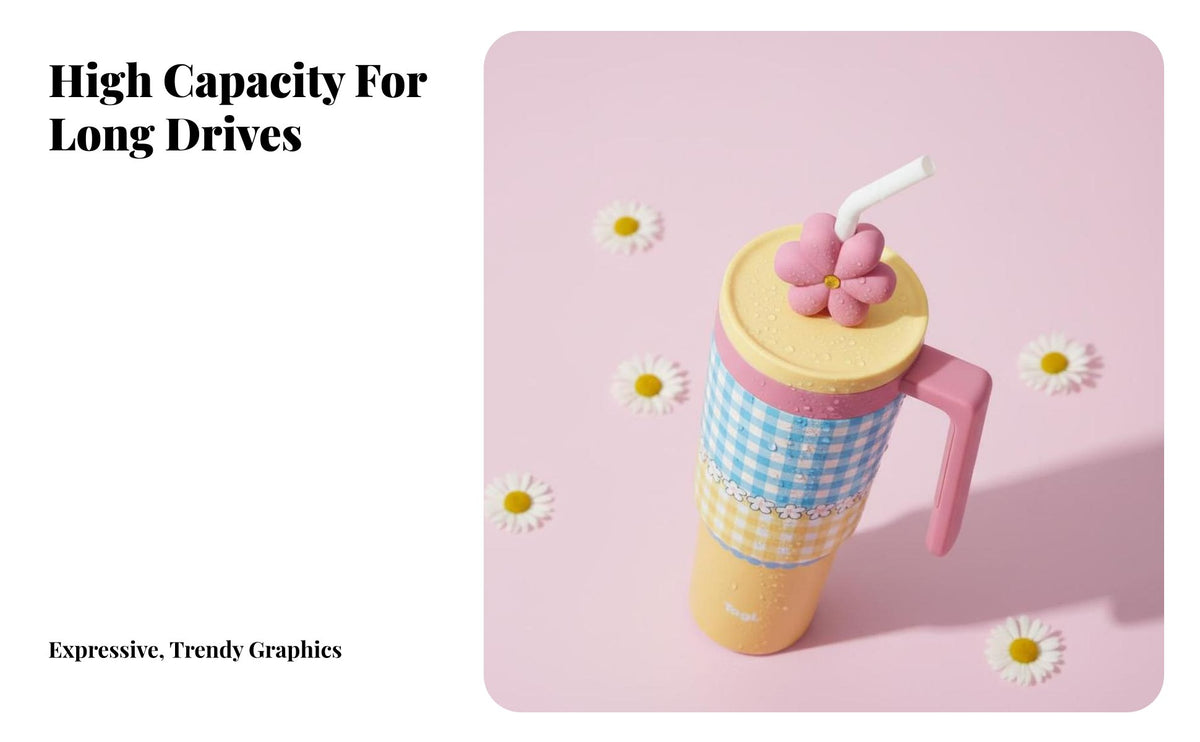 Keeps Drinks Hot or Cold Stainless Steel Car Tumbler Food-Grade Materials Flower Straw Topper Cup Cute Pattern Design for Outdoor, Home, Gym