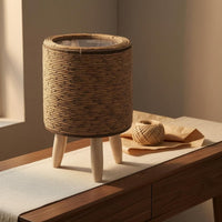 Wooden Legs Rattan Planter Clear Liner Wood Leg Planter Tabletop Wicker Plant Basket Decorative