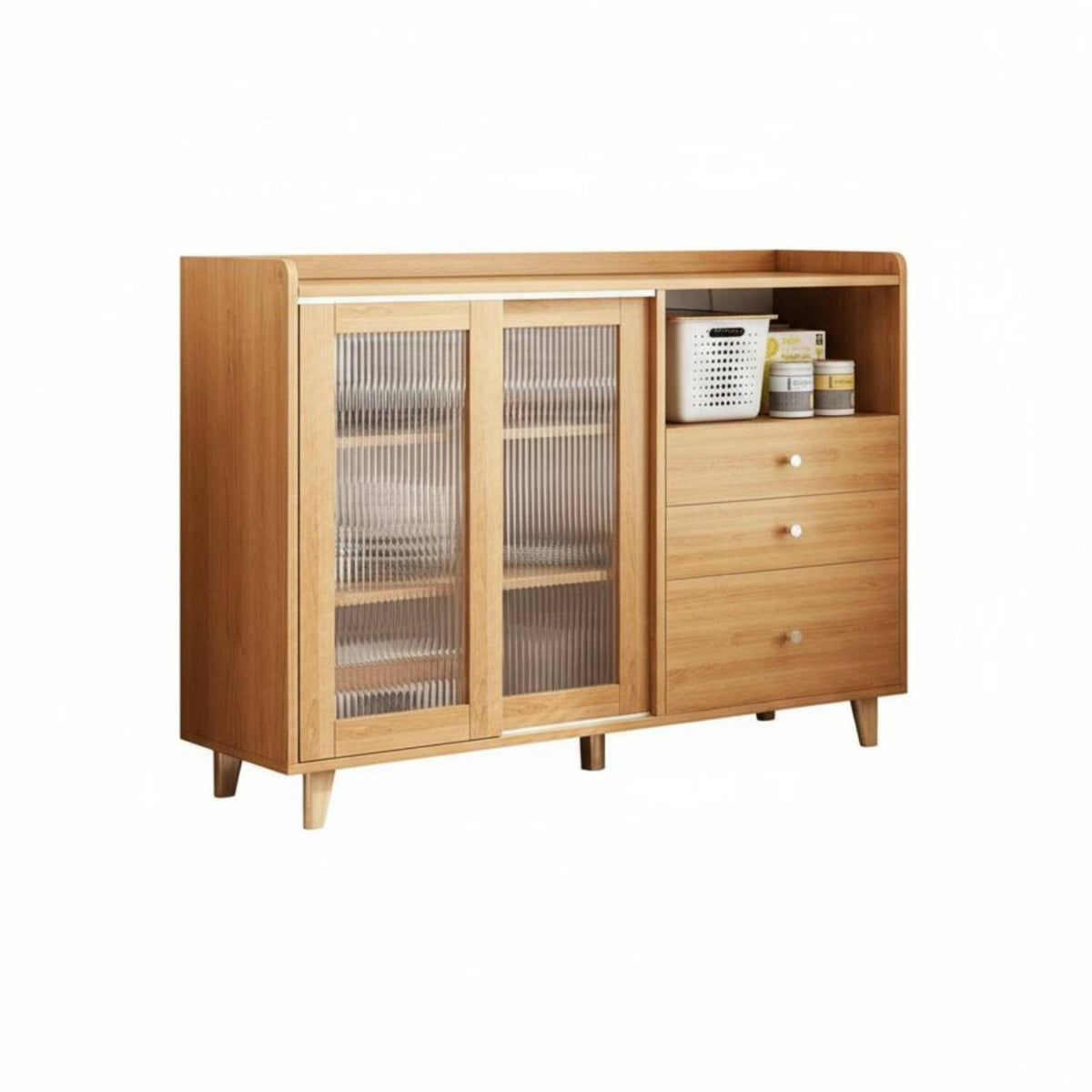 Japanese aesthetic Fluted Glass Door Credenza Multi-Functional Sideboard Large Capacity Storage Cabinet Sliding Upper Doors for Apartment Dwellers, Homeowners, Interior Design aficionados, Living Room, Kitchen, Entryway, Bedroom