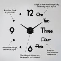 Large Wall Clock for Home Office, 3D DIY Frameless Design, Acrylic Mirror Effect Dial, Modern Living Room Decor, Battery Operated