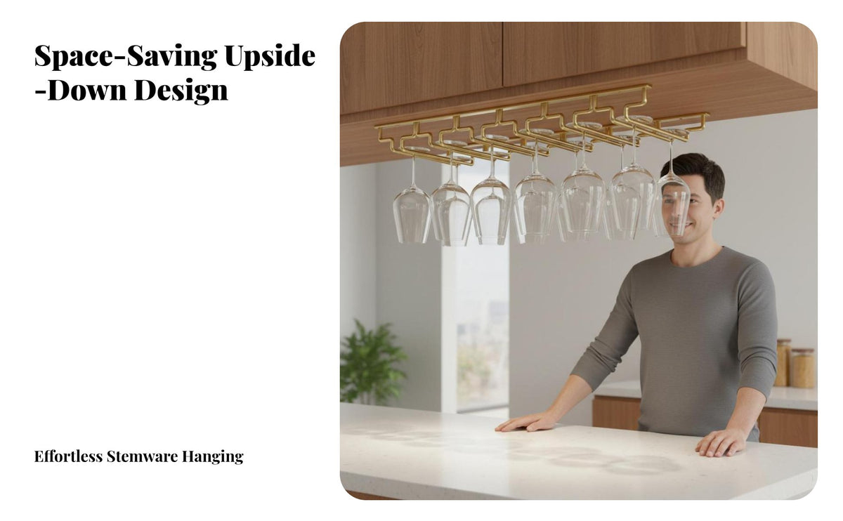 304 Stainless Steel Hanging Stemware Holder Rust Resistant Metal Wine Glass Hanger Space Saving Under Cabinet Wine Glass Rack Versatile Glassware Compatibility for Home Entertainers, Homeowners, Adults, Dining Room, Restaurant