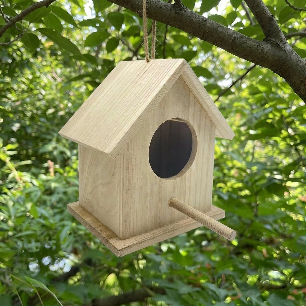 Wooden Birdhouse with Perch, Solid Wood Hanging Birdhouse for Garden Decor, Mini Birdhouse House Garden Design, Universal Bird Species Shelter