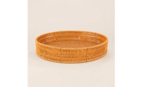 Exposed-topTop Round Rattan Tray Shallow Rattan Basket Low Rim Round Tray Basket Brown Finish