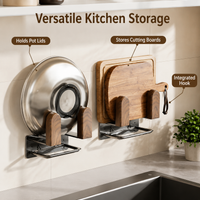 Walnut Lid Organiser, Wall Mounted Rack for Saucepans, Compact Kitchen Storage, Sturdy Pot Lid Holder for Home
