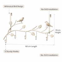 Metal Heavy Duty Bedroom Door Hooks for Hanging Organizer, Decorative Bird Design Iron for Bathroom