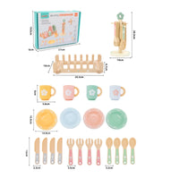 33 Pieces Pastel Accents Wooden Tableware Set Storage Display Pretend Kitchen Accessories Polished Edges Play Plates and Cups Realistic for Children