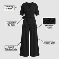 Women's Summer Travel Outfit and Airport Set, Plus Size Two-Piece with Long Pants, Slimming Shirt and with Waist Tie, Polyester Regular Sleeve Design