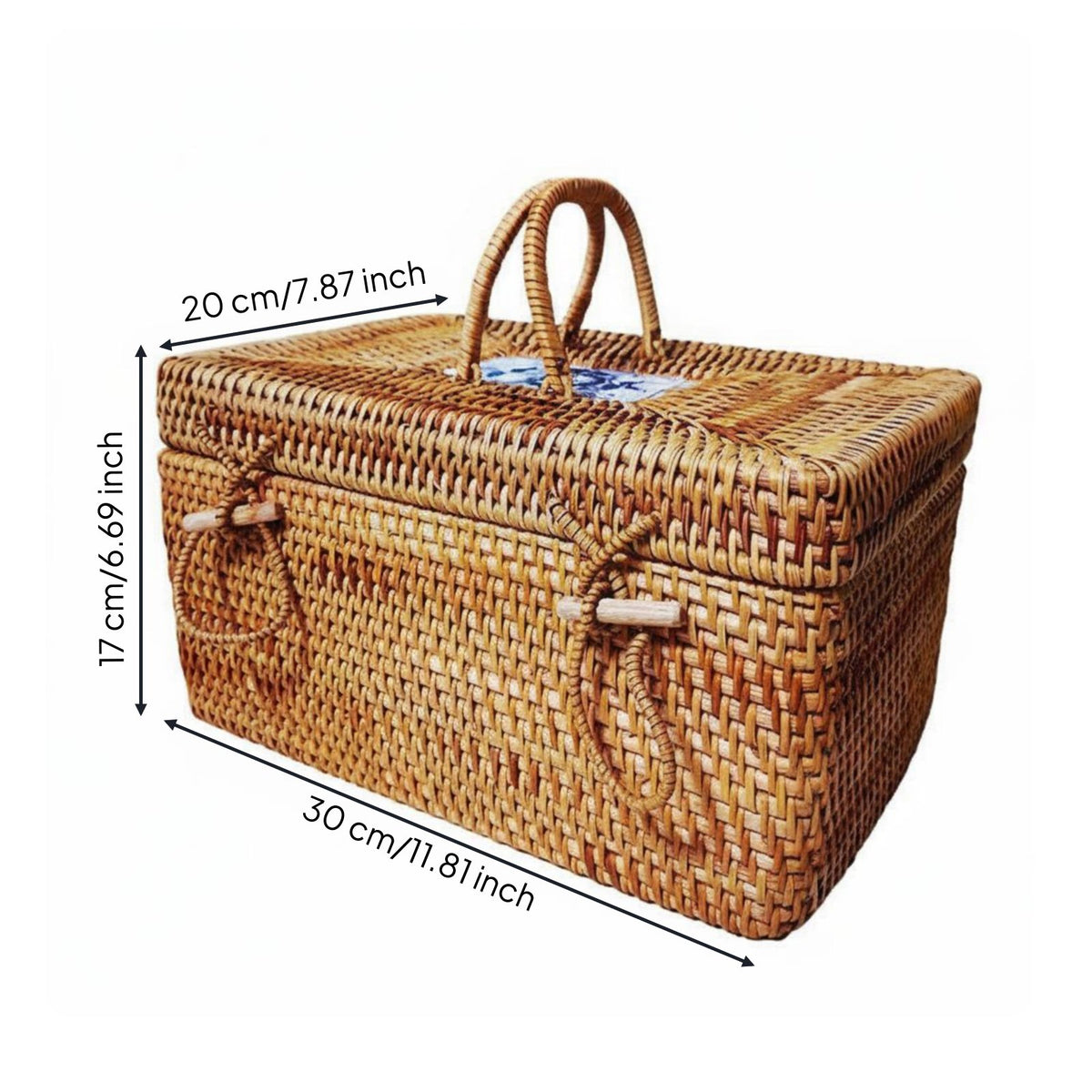 Handwoven Storage Chest with Handles Vintage Style Lidded Rattan Storage Case Porcelain Tile Accent for Bedroom