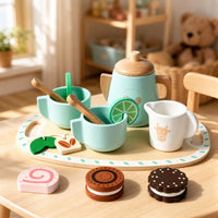 Wooden Tea Set Smooth Tea Set with Tray Realistic Pretend Play Food Kitchen Accessories for Preschoolers, Playroom