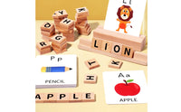 Double-Sided Cards Wooden Spelling Game Uppercase Letters Word Matching Game Colorful Illustrations Wooden Letter Blocks