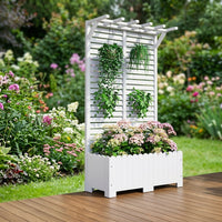 Planter Box Outdoor with Trellis, Raised Wooden Planter Box 100cm, Rectangular Garden Planter for Climbing Plants, Rustic Freestanding