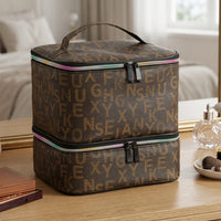 Portable Two-Tier Makeup Bag Boxy Cosmetic Storage Bag with Handle Zippered Travel Cosmetic Organizer Large for Travelers