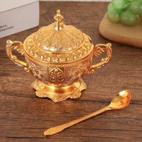 Ornate Sugar Bowl with Lid and Spoon Vintage-Style Sugar Bowl with Spoon Gold-Colored Elegant Embossed for Collectors