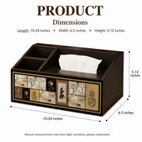 Square Tissue Box Cover with Compartments, Wooden Tissue Box Holder, MDF Desk Storage Organiser for Remote Controls, 26x16.5x13cm Vintage Design