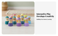 12 Pieces Stackable Montessori Type Figures Rainbow Wood Peg Dolls Develops Fine Movement Skills for Toddlers, Kids, Preschool, Daycare