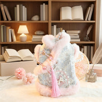 Pet Princess Dress with Hood, Ruffled Layered Small Dog Skirt, Warm Thick Pet Clothing and Cat Dress with Tassel Bow Autumn Dog Clothes