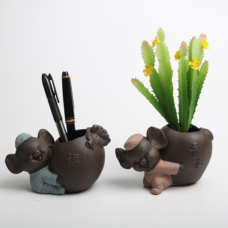 Ceramic Zisha Succulent Planter with Hydroponic Function, Zen Pig Design, Multifunctional Tea Pet Ornament & Pen Holder