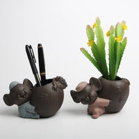 Ceramic Zisha Succulent Planter with Hydroponic Function, Zen Pig Design, Multifunctional Tea Pet Ornament & Pen Holder