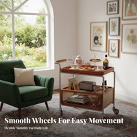 Solid Wood Rattan Storage Trolley Retro Design Multi-Tier Storage Rack 360° Swivel Casters 2-Tier Rolling Utility Cart Versatile for Apartment Dwellers, Office Workers, Party Hosts, Living Room, Bedroom, Kitchen, Pantry