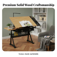 Adjustable Drawing Table Solid Wood Top Tilting Art Workstation Multi-Functional Drawing Easel Desk for Artists, Students, Workshop, School, Classroom