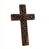 Cross with Floral Relief Freestanding Carved Wood Cross Rustic for Tabletop