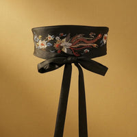 Wide Bird Embroidered Waist Belt Tie Closure Embroidered Waist Belt