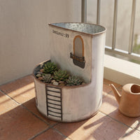 Distressed Finish Castle Flower Pot Drainage Hole Double-Layer Planter Balcony Accent Rustic Iron Planter Window Pattern