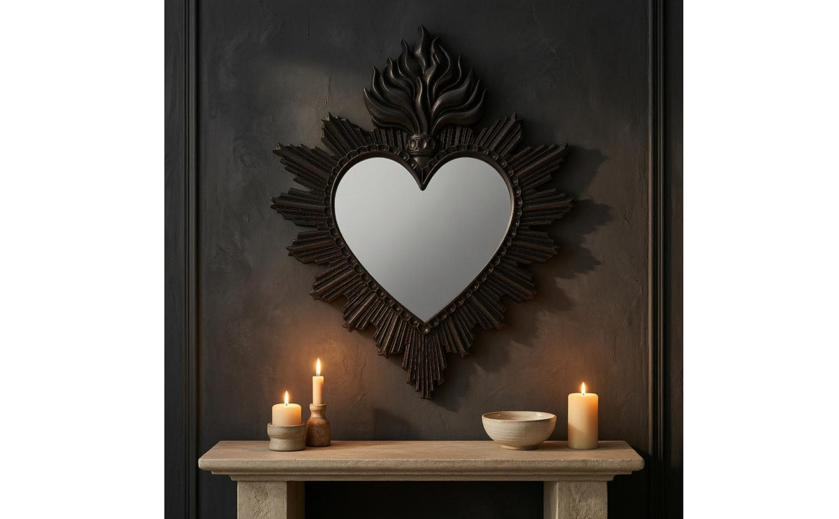 Ornate Sacred Heart Mirror Carved Flame Crown Mirror