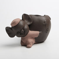 Ceramic Zisha Succulent Planter with Hydroponic Function, Zen Pig Design, Multifunctional Tea Pet Ornament & Pen Holder